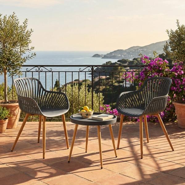 Elegante gruppo di sedute con tavolo da balcone, 3 pz., grigio, set bistrot per giardino, terrazza, balcone, resistente alle intemperie, moderno e confortevole