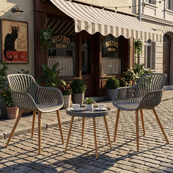Elegante gruppo di sedute con tavolo da balcone, 3 pz., grigio, set bistrot per giardino, terrazza, balcone, resistente alle intemperie, moderno e confortevole