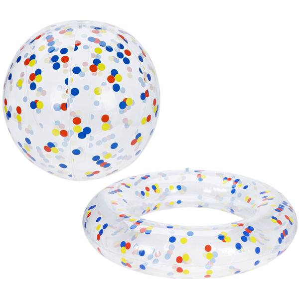 2-teiliges Pool-Set mit bunten Punkten: Aufblasbarer Schwimmring Ø 105 cm und Strandball Ø 50 cm - Halbdurchsichtiges Design für Strand & Urlaub