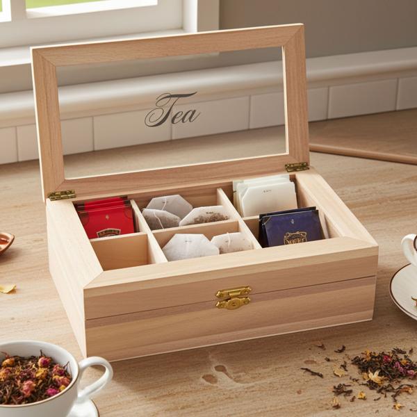 Wooden tea bag box with 6 compartments and transparent lid