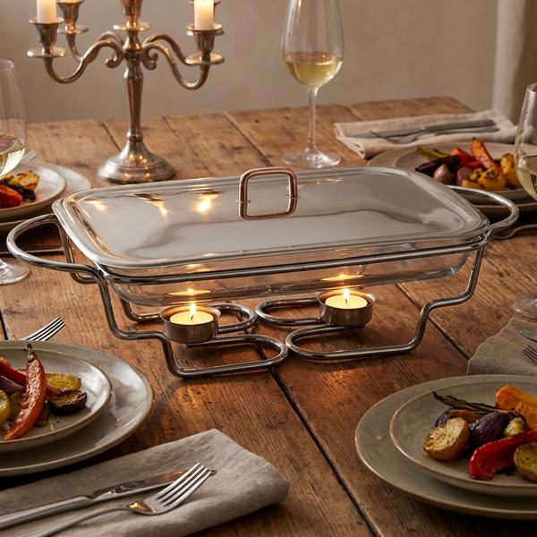 Premium stainless steel food warmer, 3 liters, with transparent glass lid: ovenproof, incl. stand and tea lights, ideal for warm buffets