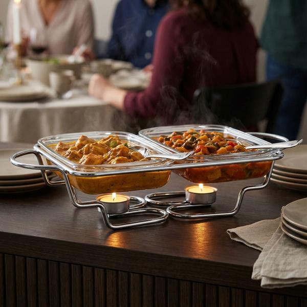 Premium Edelstahl Speisewärmer, 2 x 1,5 Liter Schalen, mit transparenten Glasdeckeln: Ofenfest, inkl. Ständer und Teelichter, ideal für warme Buffets