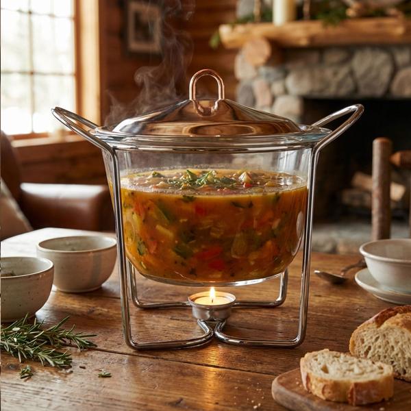 Scalda minestre in acciaio inox e vetro, contenitore da 4 litri, trasparente con coperchio in vetro: resistente al forno, incluso supporto e luci per il tè, ideale per buffet caldi