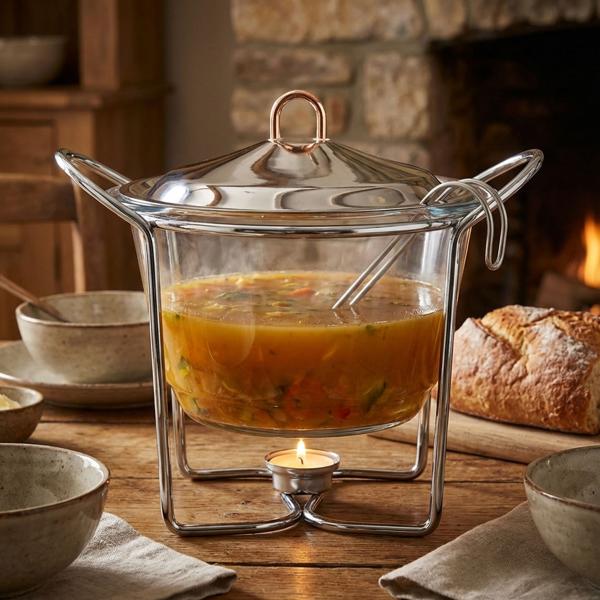 Scalda minestre in acciaio inox e vetro, contenitore da 4 litri, trasparente con coperchio in vetro: resistente al forno, incluso supporto e luci per il tè, ideale per buffet caldi