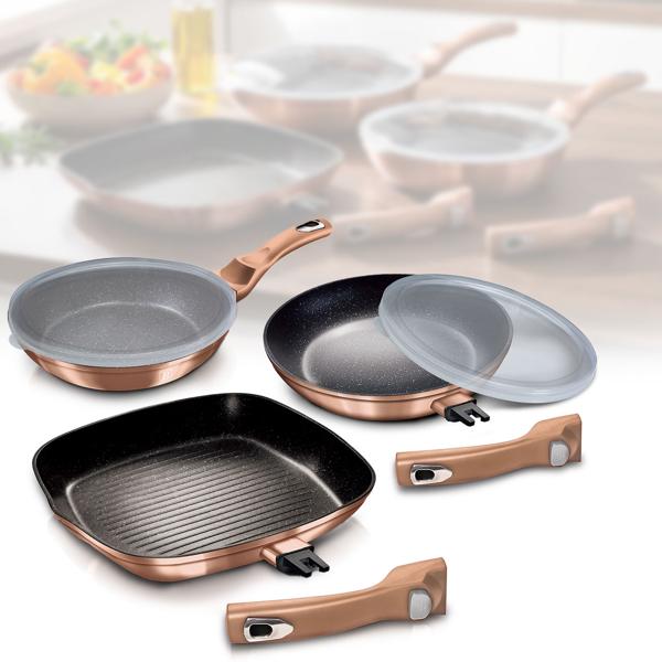 Innovative pan set: designer bronze, 3-piece, aluminum, 2 frying pans & 1 grill pan, 2 clever lids, removable handle - making cooking fun
