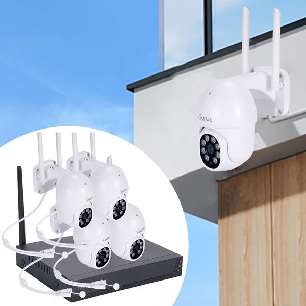 Professional wireless surveillance system with 4x - 2K pan & tilt cameras: Bright night vision, motion detector & app access - Protect your property effectively