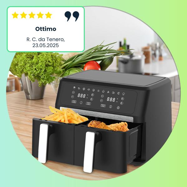 Friggitrice ad aria calda Premium a doppia zona, doppio cestello, 2x 4,5 l - Friggitrice ad aria in acciaio inox / ABS, 11 programmi di cottura, display LED touch, antiaderente, potente 2400W 