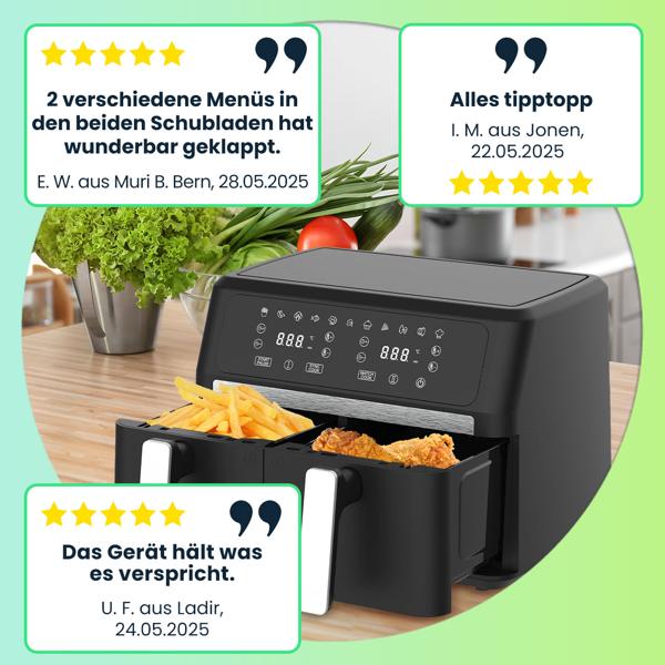 Premium Doppelkorb Heissluftfritteuse, Dual Zone, 2x 4,5 l - Air Fryer Edelstahl / ABS, 11 Kochprogramme, LED Touch Display, Antihaft, starke 2400W 
