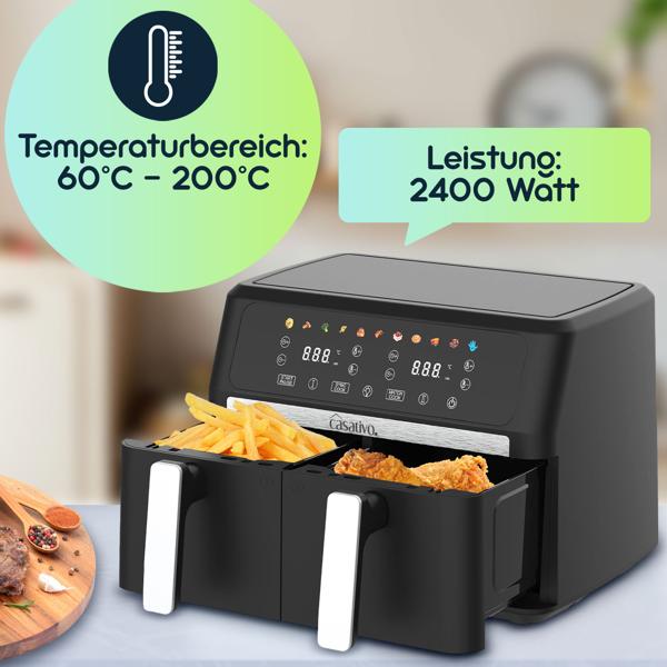 Premium Dual-Zone Heissluftfritteuse, Doppelkorb, 2x 4,5 l, inkl. Silikonformen - Air Fryer, 11 Kochprogramme, LED Touch Display, starke 2400W 