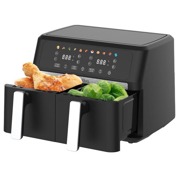 Friteuse sans huile Dual Zone – 2 paniers de 4,5 L – air fryer inox/ABS, 11 programmes, écran tactile LED, antiadhésif, 2400 W