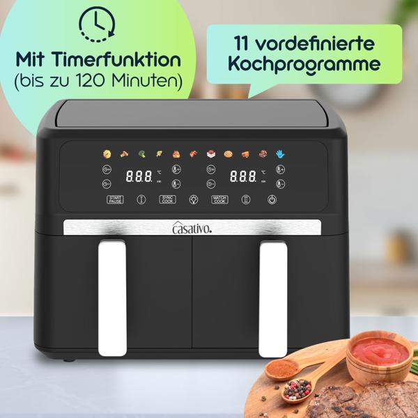 Premium Dual-Zone Heissluftfritteuse, Doppelkorb, 2x 4,5 l, inkl. Silikonformen - Air Fryer, 11 Kochprogramme, LED Touch Display, starke 2400W 