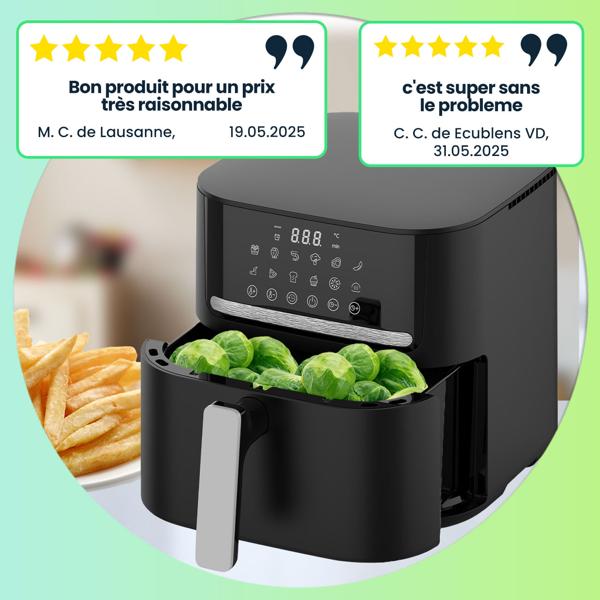 Friteuse à air chaud premium, 11 programmes de cuisson, 6,5 l, 1600 W – air fryer avec panneau de commande tactile à LED, noir mat, antiadhésif