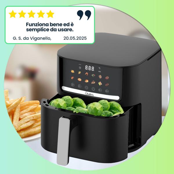 Friggitrice ad aria calda Premium con 11 programmi di cottura, 6,5 l, 1600 watt - Air Fryer con pannello touch LED, nero opaco, rivestimento antiaderente di alta qualità
