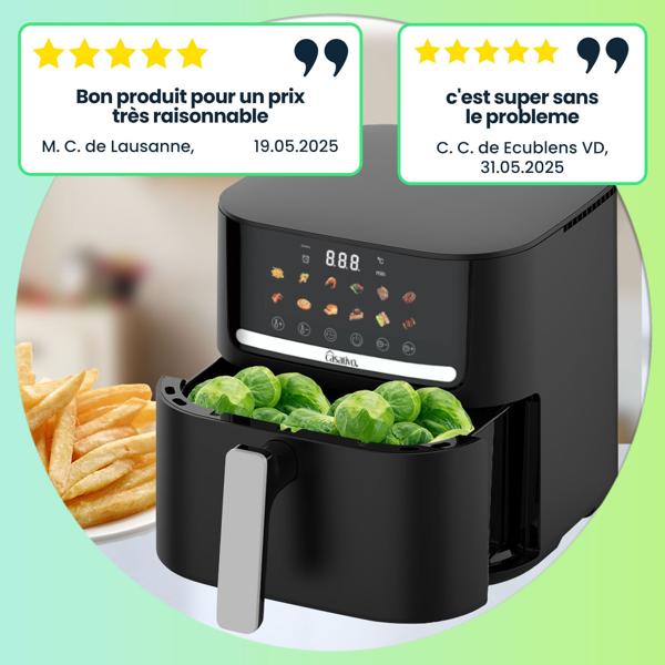 Friteuse à Air Chaud Premium - 11 Programmes de Cuisson & Maintien au Chaud - 6.5L, 1600W, Panneau LED Tactile, Noir Mat, Antiadhésif