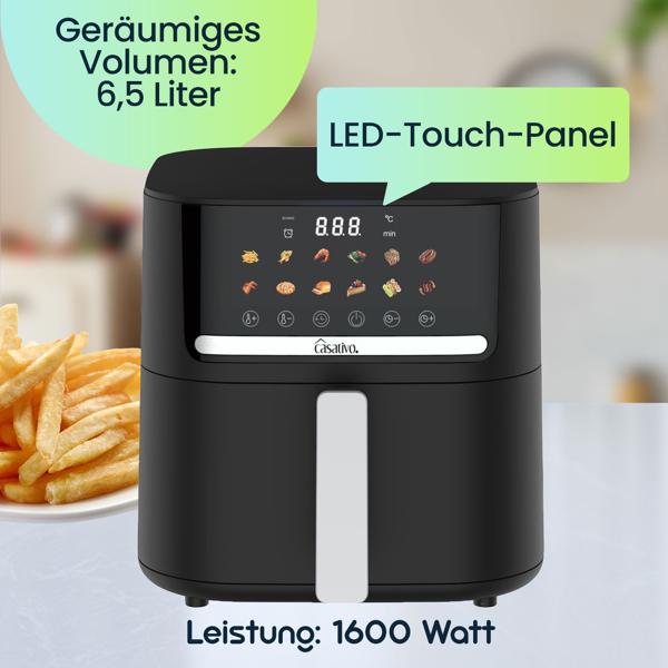 Premium Heissluftfritteuse mit 11 Koch-Programmen, 6,5 l, 1600 Watt - Air Fryer mit LED Touch-Panel, matt schwarz, hochwertige Antihaftbeschichtung