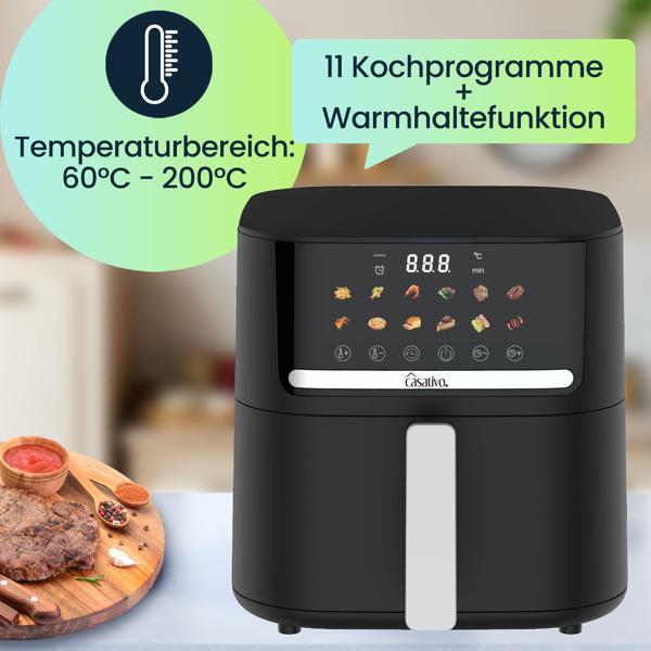 Premium Heissluftfritteuse mit 11 Koch-Programmen, 6,5 l, 1600 Watt - Air Fryer mit LED Touch-Panel, matt schwarz, hochwertige Antihaftbeschichtung