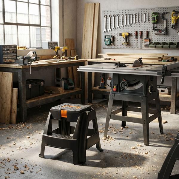 2-Stufen Tritthocker mit Werkzeugfach: Stabil, sicher, praktisch - schwarz, 47x40x43 cm - Ihr genialer Helfer für Haushalt & Werkstatt