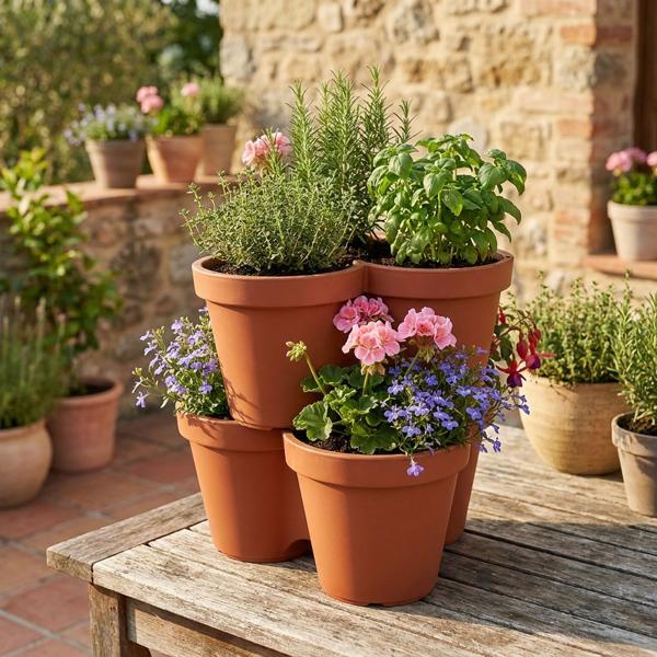 2er-Set kreative Blumentöpfe 3 Fächer - terracotta, Ø 44cm - Vielseitig & Dekorativ – Pflanzentopf für Kräuter, Blumen & mehr, Platzsparend & Modern