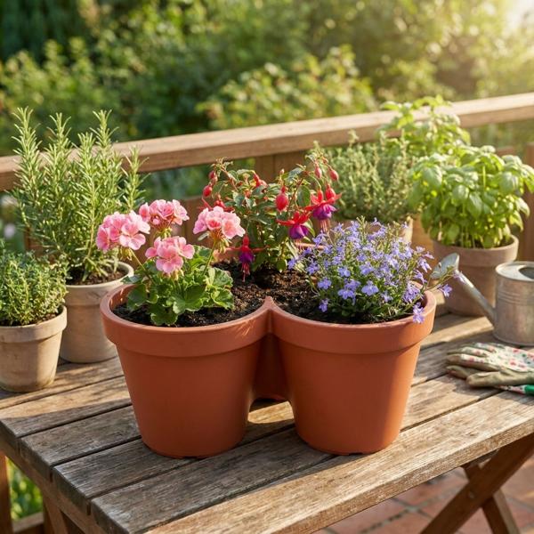 Set di 4 vasi per piante con 3 scomparti, terracotta, Ø 44 cm – pratica ciotola per piante a 3 scomparti, ideale per erbe aromatiche e fiori