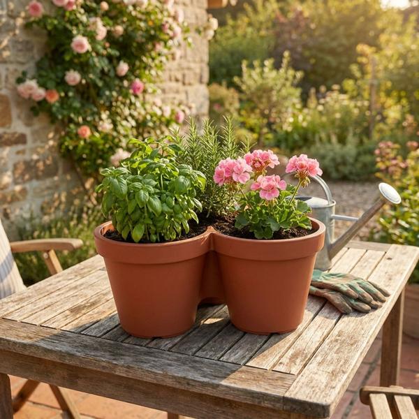 5er-Set Blumentopf mit 3 Fächern, Terracotta, Ø 44 cm – Praktische Pflanzschale, 3-geteilt, ideal für Kräuter & Blumen