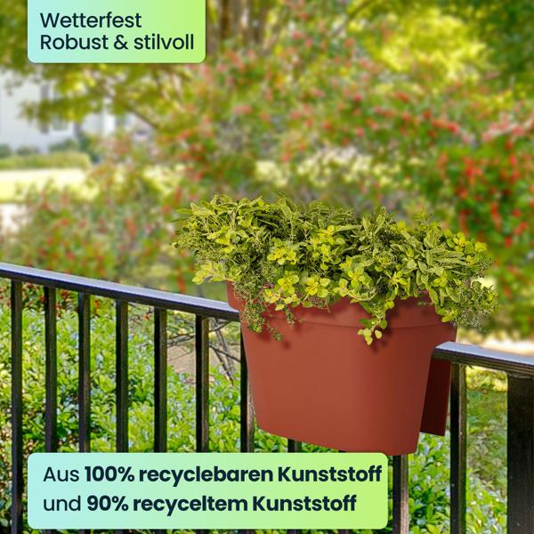 2er-Set Ovaler Balkongeländer Blumentopf, terracotta, 27 x 40 x 25 cm, wetterfest, robust & stilvoll für Geländer & Zaun, ideal für Blumen & Kräuter