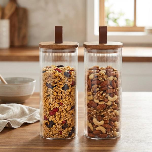 set of 2 storage jars with acacia wood lid, 1900 ml