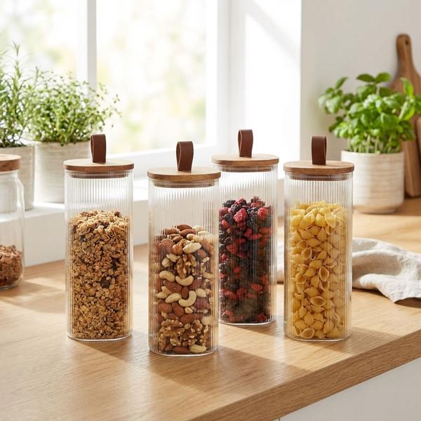 set of 4 storage jars with acacia wood lid, 1900 ml