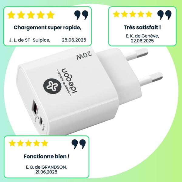 Chargeur secteur USB – 2 ports, 1x USB-C et USB-A, 20 W – Power Delivery 3.0, charge rapide pour iPhone, Samsung, Huawei, Xiaomi – blanc