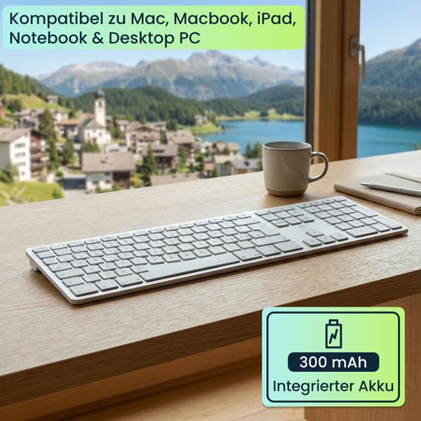 Hochwertige Funk-Tastatur - CH Edition Aluminium: Kabellose Bluetooth Schweiz QWERTZ-Tastatur – kompatibel zu Mac, Macbook, iPad, Notebook & Desktop PC