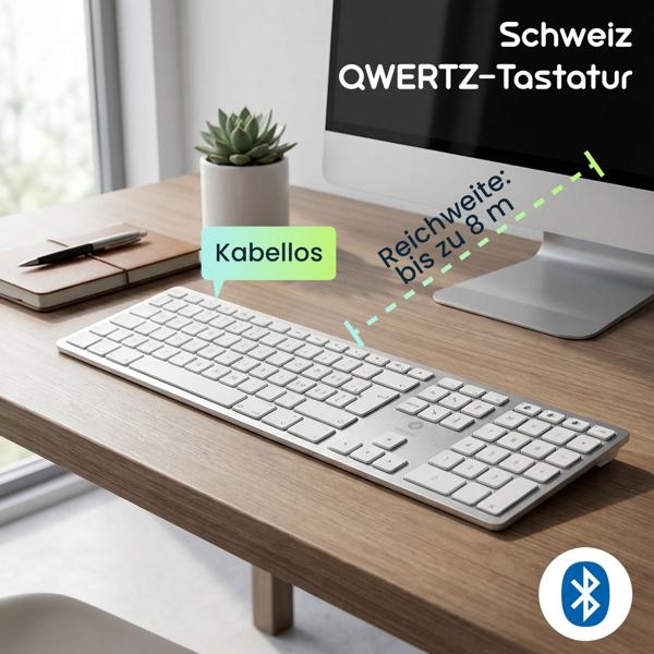 Hochwertige Funk-Tastatur - CH Edition Aluminium: Kabellose Bluetooth Schweiz QWERTZ-Tastatur – kompatibel zu Mac, Macbook, iPad, Notebook & Desktop PC