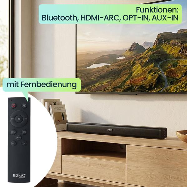 Bluetooth 5.0 Soundbar, 30W, für TV & Musik – HDMI-ARC, Opt/Aux, schwarz, mit Fernbedienung, Heimkino-Soundbar