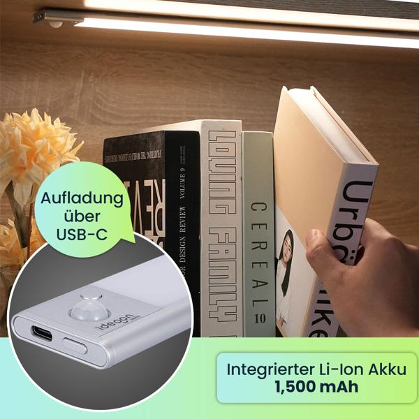 Flache Akku LED-Lichtleiste, 40cm mit Bewegungssensor, 120 LEDs: Kabellos, hell & energiesparend – Perfekt für Schrank, Flur & Küche