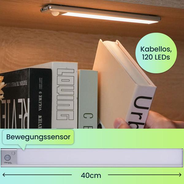 Flache Akku LED-Lichtleiste, 40cm mit Bewegungssensor, 120 LEDs: Kabellos, hell & energiesparend – Perfekt für Schrank, Flur & Küche