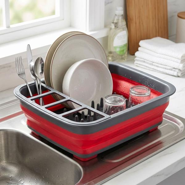 Abtropfkorb faltbar 36,5x31x12/5,5 cm - Mit Besteckhalter & Tellerfächern - Ideal für Camping, Küche & Reise - Verhindert Schimmel - Rot/Anthrazit