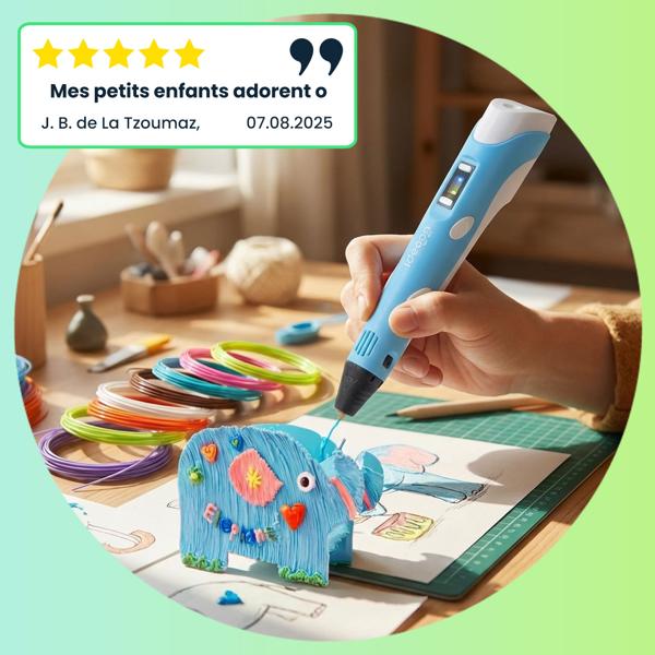 Stylo d‘impression 3D - Pour dessiner œuvres 3D, parfait enfants & adultes - USB, 20 filaments PLA inclus, temp. réglable 170-235°C