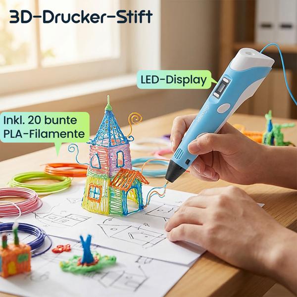 3D-Drucker-Stift USB inkl. 20 bunte PLA-Filamente: Kreatives 3D-Zeichnen frei Hand, Perfekt für Kinder & Erwachsene - Starten Sie Ihre Kunstwerke