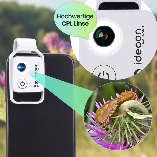 Mikroskop-Vorsatzlinse für Smartphone/Tablet 200x: Mit 6 LEDs für detailreiche Nahaufnahmen, weiss - Entdecken Sie die Mikro-Welt
