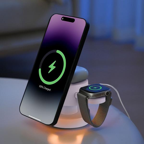 Chargeur à induction sans fil 3 en 1 avec veilleuse (15 W) USB-C – blanc – pour smartphones, montres, écouteurs – plus d’ordre et de confort