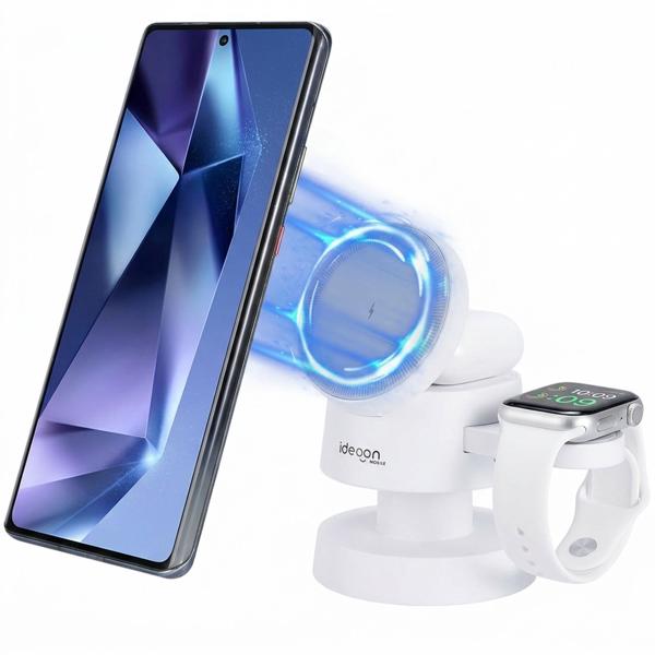 Chargeur à induction sans fil 3 en 1 avec veilleuse (15 W) USB-C – blanc – pour smartphones, montres, écouteurs – plus d’ordre et de confort
