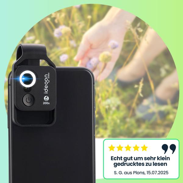 Mikroskop-Vorsatzlinse für Smartphone/Tablet 200x: Mit 6 LEDs für detailreiche Nahaufnahmen, schwarz - Entdecken Sie die Mikro-Welt