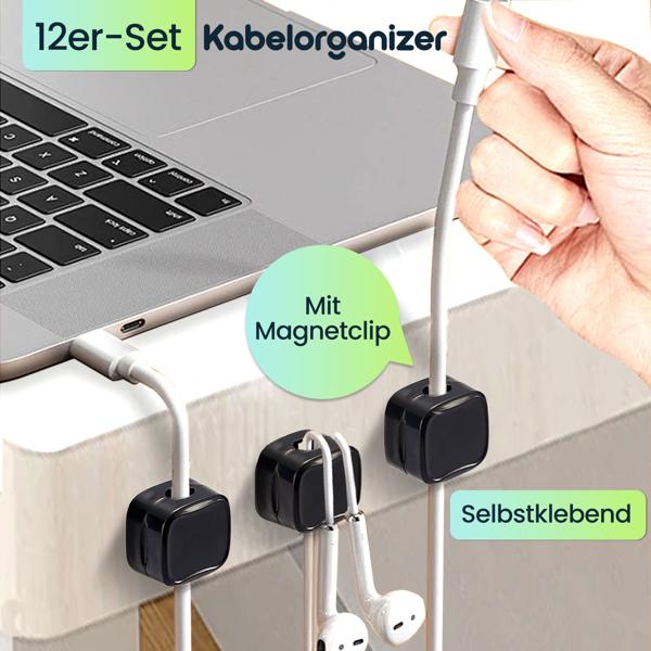 12er-Set Kabelorganizer mit Magnetclip, schwarz: Schreibtisch-Kabelhalter, selbstklebend & flexibel – Nie wieder Kabelsalat im Büro & Zuhause