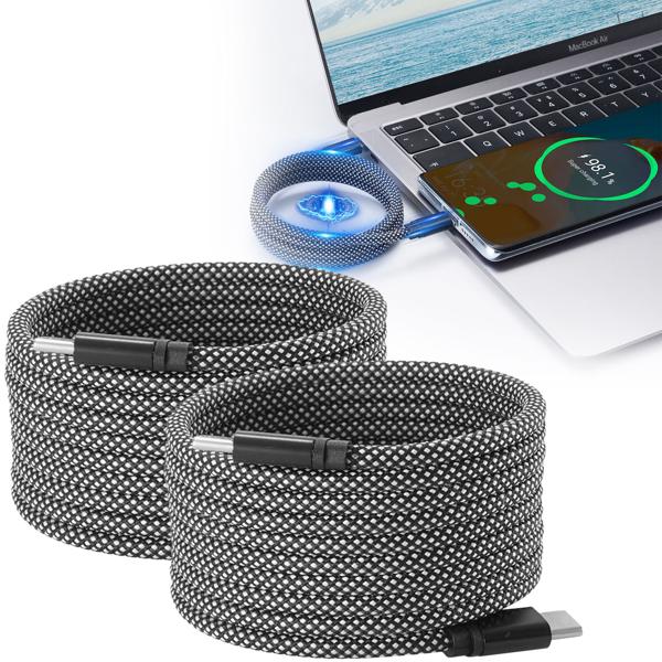 2 câbles de chargement USB-C innovants, 100 W, 2 m – gaine magnétique, enroulement rapide et sans nœud – compatibles Samsung, Xiaomi, iPad, iPhone, ordinateurs portables et plus