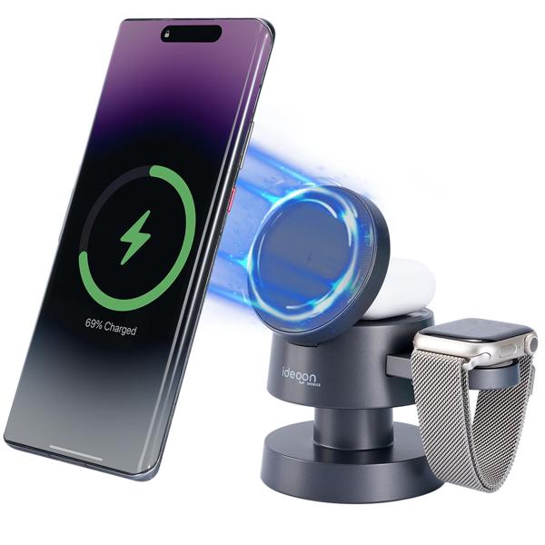 Chargeur à induction sans fil 3 en 1 avec veilleuse (15 W) USB-C – noir – pour smartphones, montres, écouteurs – plus d’ordre et de confort