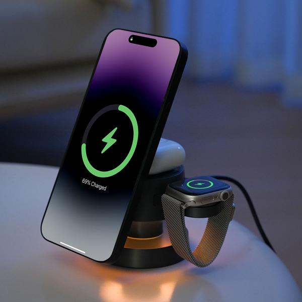 Chargeur à induction sans fil 3 en 1 avec veilleuse (15 W) USB-C – noir – pour smartphones, montres, écouteurs – plus d’ordre et de confort