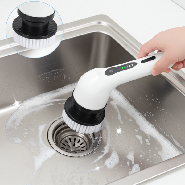 Effektive Elektrische Reinigungsbürste mit 9 Bürstenköpfen, Teleskopgriff, Akku, 7,2 Watt - Kabellos & kraftvoll – Für Bad, Küche & Aussenbereich - mühelose Sauberkeit