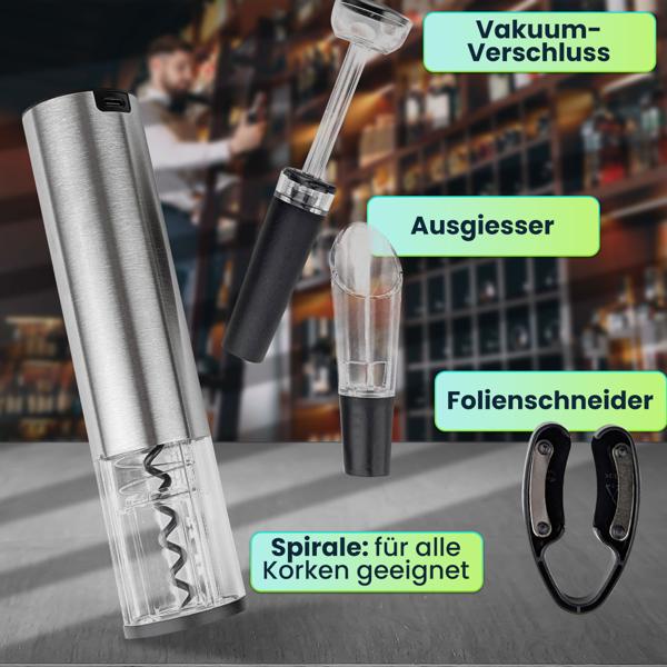 Hochwertiger Korkenzieher elektrisch mit Akku – Profi-Weinflaschenöffner-Set aus gebürstetem Edelstahl inkl. Folienschneider, Ausgiesser und Verschluss