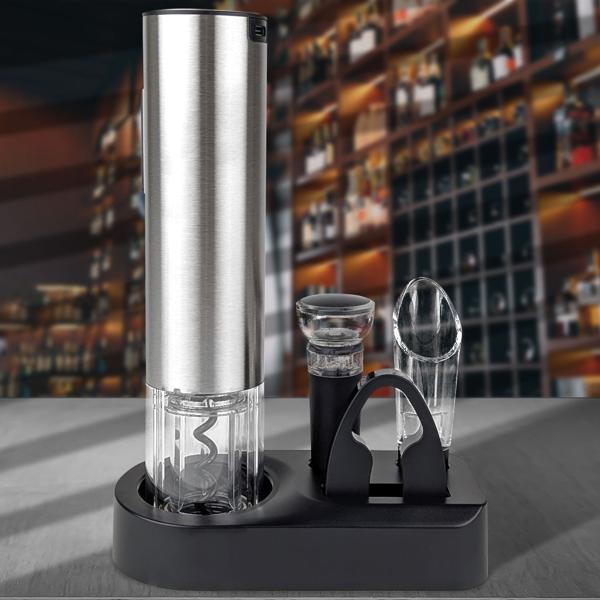 Hochwertiger Korkenzieher elektrisch mit Akku – Profi-Weinflaschenöffner-Set aus gebürstetem Edelstahl inkl. Folienschneider, Ausgiesser und Verschluss