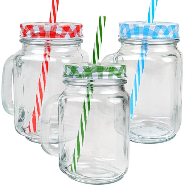 Retro-Trinkgläser mit buntem Deckel, Henkel und Trinkhalm: Ein 3er-Set für Limonade, Eistee, Cocktails & Smoothies – Vintage-Style