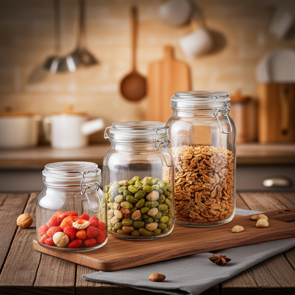 Lot de 3 bocaux en verre avec fermeture mécanique – 1 L, 1,5 L, 2,2 L avec joint, pour conserves et provisions