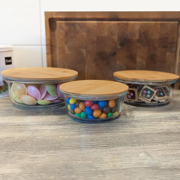Barattoli di alta qualità con coperchio, rotondi, vetro/bambù, 3 misure: Barattoli per la conservazione dei sapori e per un‘organizzazione elegante